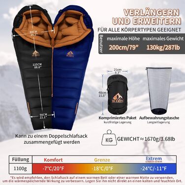 Спальний мішок BUERTS Winter Daunenschlafsack - для холодної погоди (0°C -24°C). Ultraleichter Mumien-Schlafsack для дорослих та підлітків. Чорний.