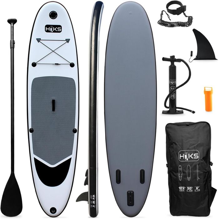 Надувна SUP-дошка HIKS 10.6ft (3,2 м) сірого кольору з веслом, насосом, рюкзаком і страховкою, універсальна для всіх рівнів, ідеально для початківців