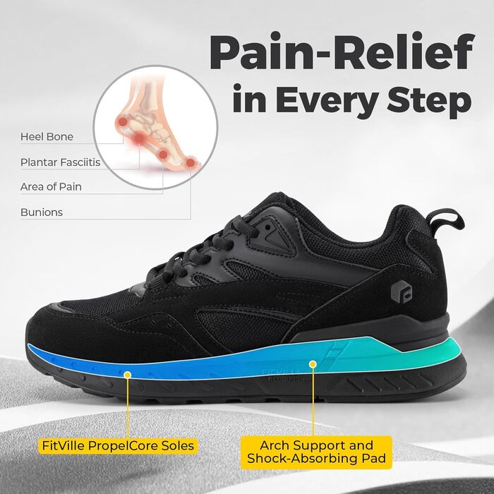 Жіночі кросівки FitVille для широкої стопи: бігові, для ходьби, фітнесу, чорного кольору (38.5 EU, X-широкі)