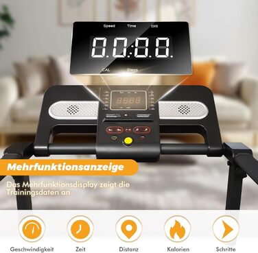 Бігова доріжка RAOO MIN для дому, 1-12 км/год, 2.5HP, складаний, з пультом/LED, підставка для iPad/телефону, Bluetooth, чорний