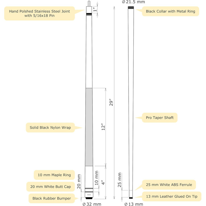 Більярдний кий ASKA L2, 147.3 см, канадський клен, твердий наконечник 13 мм, 2 частини, 18 унцій, фіолетовий