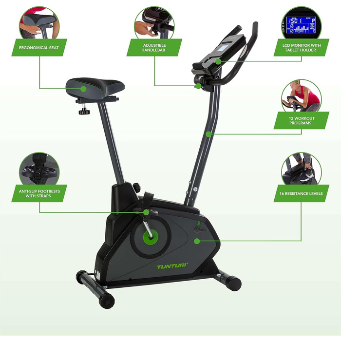 Велотренажер Tunturi Cardio Fit E30 з магнітною системою, LCD-дисплеєм, датчиками пульсу та тримачем для планшета, домашній ергометр для фітнесу