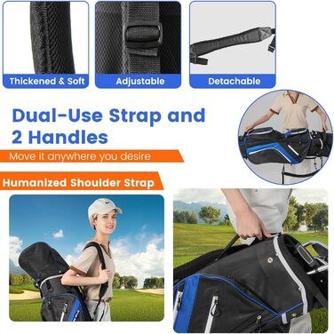 Сумка для гольфу LIFEZEAL Stand Bag з 14 відділеннями, з ременем, тримачем для напоїв, 9 кишень, холодильником, тримачем для парасольки, для чоловіків та жінок, блакитна