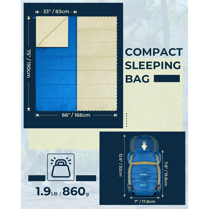 Спальний мішок Ohuhu - легкий літній, компактний, 900г, для кемпінгу, подорожей, фестивалів (синій)