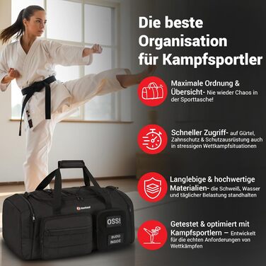 Спортивна сумка для бойових мистецтв 50L чорна для дзюдо, джиу-джитсу, карате з окремими відділеннями та відділенням для взуття