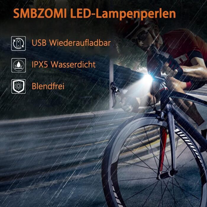 Комплект велосипедних фар 100 люкс LED StVZO, передня і задня фара, USB заряджання, водонепроникність IPX5