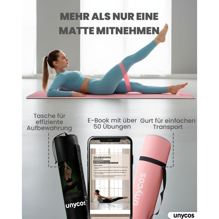 Килимок для йоги Unycos з нековзким покриттям | Щільність 6/10/15 мм, для гімнастики, з ременем для перенесення【вкл. E-Book】Фітнес-килимок для пілатесу, тренувань, гімнастики (#19 Рожевий + Сірий, 183*66*1 см)
