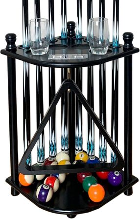 Підставка для київ для більярду на підлозі для 8 київ та аксесуарів, дерев'яна, кутова, з гачками та табло (чорний торс)