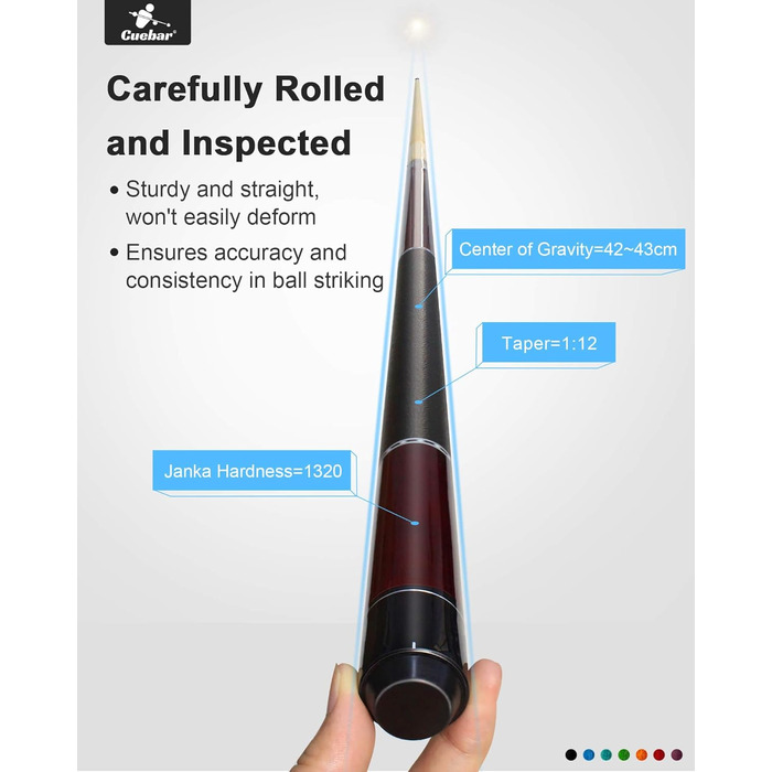 Більярдні киї CUEBAR для дорослих, 147 см, 2-секційні, з ручкою з екошкіри, різні кольори (7 кольорів), вага 510-595 г