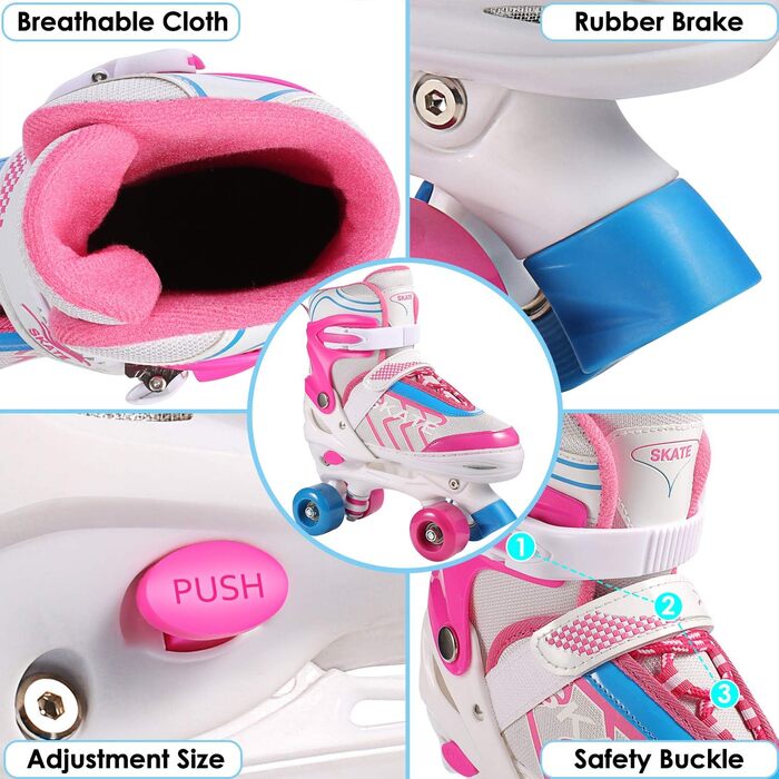 Роликові ковзани Hikole для дітей, початківців, регульовані, 8 PU-коліс, для хлопчиків та дівчаток, рожеві, розмір S (31-34)