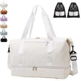 Спортивна сумка YOUYIKE з вельвету для жінок та чоловіків, місткість 20-35Л, з відділенням для взуття та вологих речей, дорожня сумка-вікендер для фітнесу, тренувань та подорожей (Коричневий/Білий)