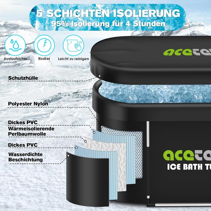 Acetek 380L Велика овальна ванна для крижаних купань, багатошарова портативна ванна для спортсменів 115 см, для відновлення, для вулиці та дому