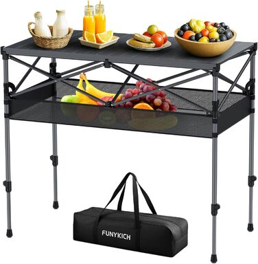 Складаний туристичний стіл FUNYKICH 82x40 см з регулюванням висоти (44/70 см), з сітчастою кишенькою, для пікніка, кемпінгу, BBQ, саду, партії. Розміри: 100x50x(70/87) см