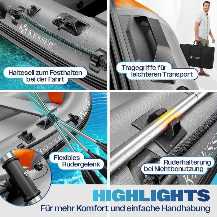 Надувний човен KESSER Wave 230-320 см (6 предметів): човен, лава, насос, весла, ремкомплект, сумка. Можливість встановлення мотора, для солоної води (Сірий/Помаранчевий, 2.30м)
