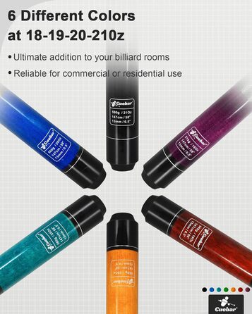 Набір київ для більярду CUEBAR 6 шт., кийки для більярду 45,7 см, 50,8 см, 595.3 г, кийки для більярду для дому з 3D-рукояткою, 147,3 см, для чоловіків та жінок, кольори: фіолетовий, червоний, зелено-блакитний, синій, чорний