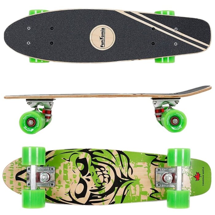 Скейтборд круїзер FunTomia Mini-Board 57 см, канадський клен (7 шарів), підшипники ABEC-9, зелений з черепом та зеленими колесами