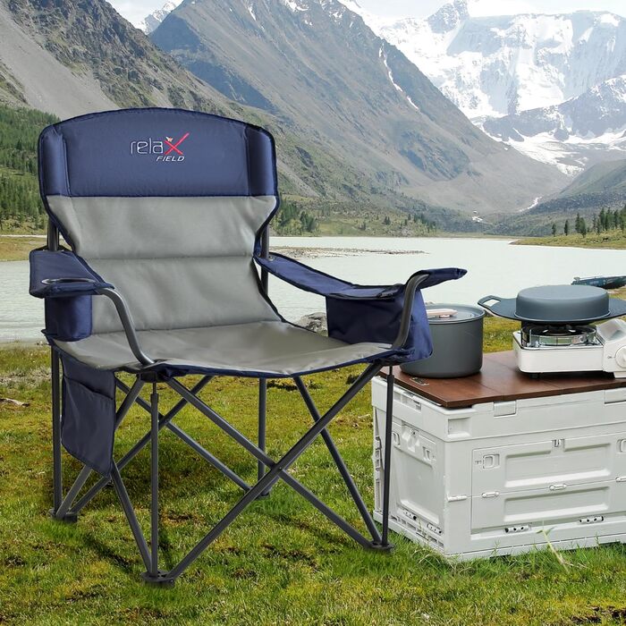 Крісло для кемпінгу складне RELAX FIELD 200 кг з підстаканником та сумкою-холодильником. Рибальське крісло, складане, з високою спинкою, блакитне.
