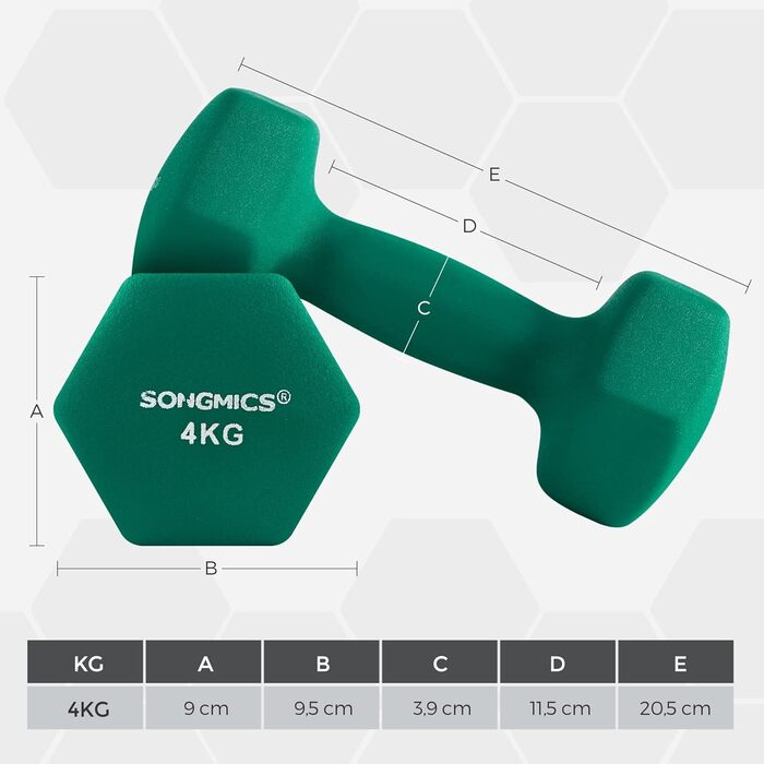 Гантелі SONGMICS, набір 4 шт, 2×4 кг і 2×5 кг, для силових тренувань вдома, в офісі чи спортзалі, чорні та зелені