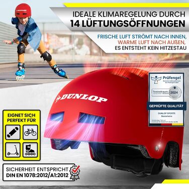 Велошолом DUNLOP SPORTS для дітей, підлітків і дорослих, легкий та міцний міський універсальний шолом, 14 вентиляційних отворів, швидке регулювання, автоматичне підлаштування розміру, тест «Дуже добре»