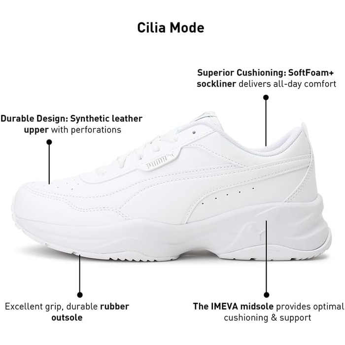 Жіночі кеди PUMA Cilia Mode White Silver — базові модні кросівки, білі зі сріблястими деталями, розмір 38 EU