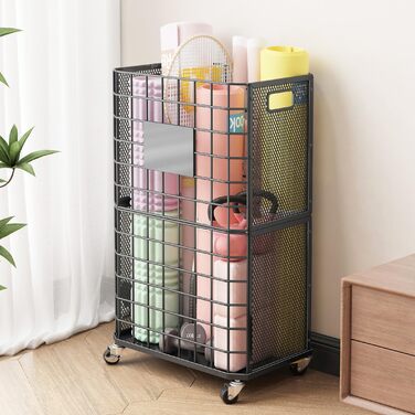 Стійка для зберігання йогаматів, полиця для фітнес-обладнання з колесами, кошик для йоги на 4 мати, чорний