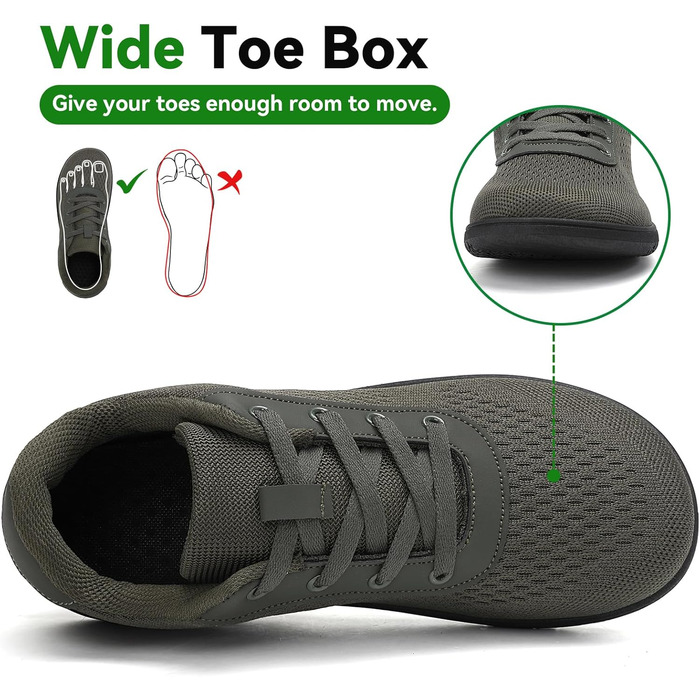 Легкі кросівки для бігу Barfußschuhe: чоловічі та жіночі, дихаючі, з широкою переднячкою, антиковзаючі, для трейлу та бігу по вулицях (40 EU, армійний зелений)