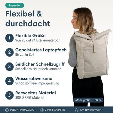 Рюкзак LARKSON Rolltop для жінок, великий, бежевий, антивикрадний, водовідштовхувальний, для школи, університету, велосипеда, 16'' ноутбук, екологічний