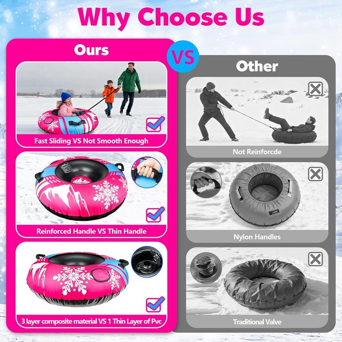 Надувний сніговий санки ZMLM, 120 см, для дорослих та дітей, міцний, з канвасовим покриттям, зимовий спорт, сімейний відпочинок (рожевий)