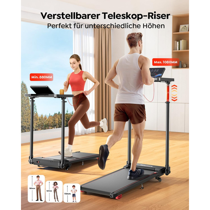 Електрична бігова доріжка для дому 12 км/год, 6 в 1, з регулюванням нахилу до 10%, 1080 мм, тримач для планшету, керування через додаток, тихий 2.5HP двигун, LED дисплей, чорний