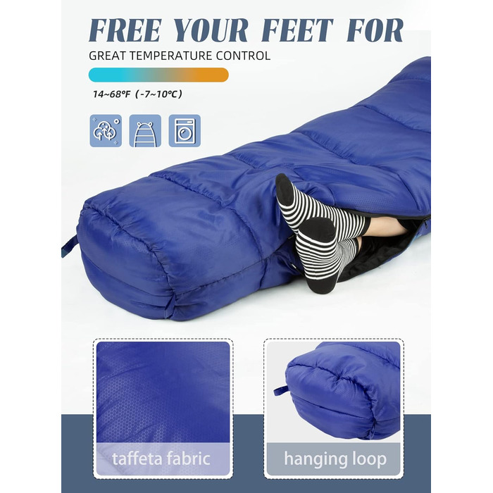 Спальник Forceatt Winter -7℃ до 20℃ (2.4 кг, 210x80 см) Мумія, легкий 4 сезони, водонепроникний, для кемпінгу, туризму, блакитний