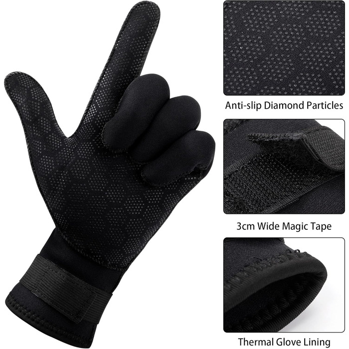 HOLEMZ Рукавички для дайвінгу 3 мм, неопренові рукавички для плавання, чорні, еластичні, регульовані, для водних видів спорту, серфінгу, снорклінгу, плавання, чоловічі, жіночі