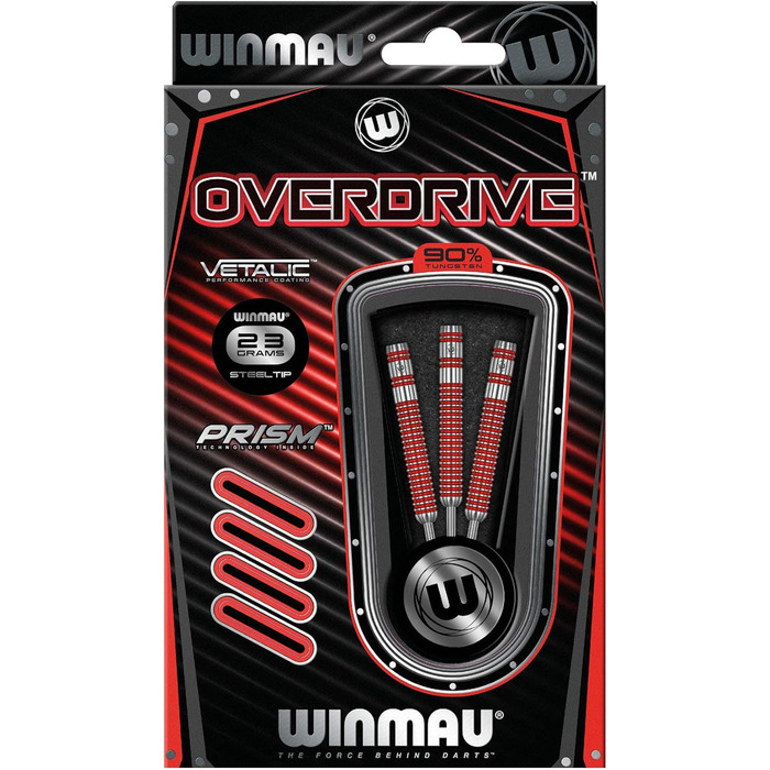 Дротики WINMAU Overdrive із вольфраму, сталевий наконечник, з призмовими крилами та держателями