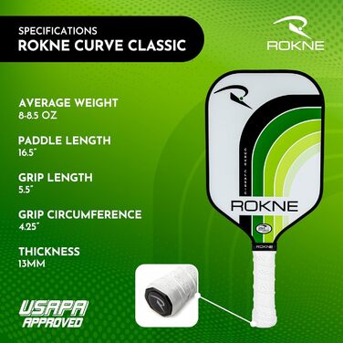 Професійна ракетка для піклболу ROKNE Curve Classic з фіброволокна, USAPA сертифікована, ProGrit текстура для максимального спіну і потужності, з чохлом (лаймова)