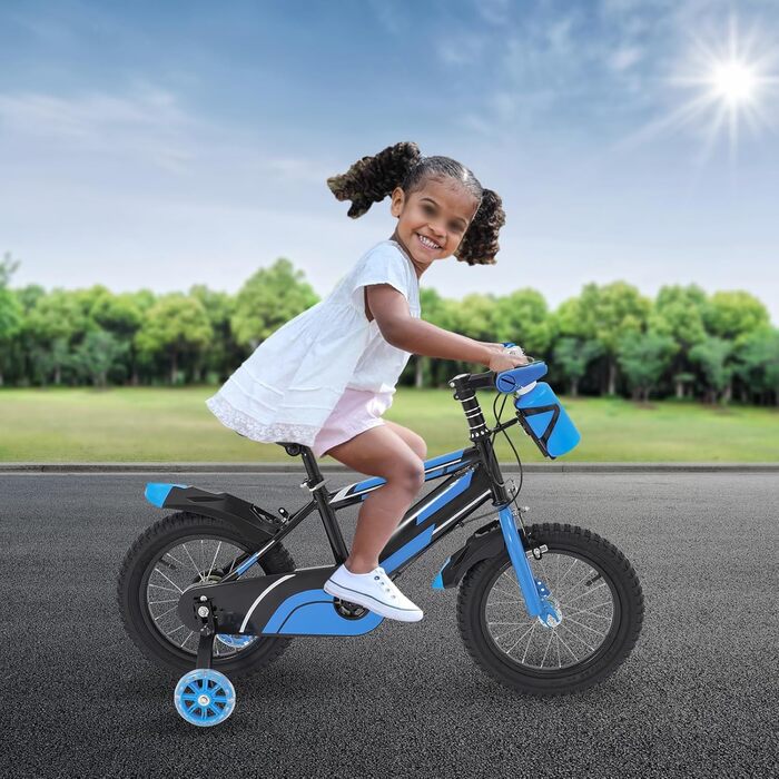 Дитячий велосипед 14 дюймів для хлопчиків та дівчаток 3-7 років, з додатковими колесами, регульована висота, з брудозахистом та пляшкою для води, для катання на відкритому повітрі