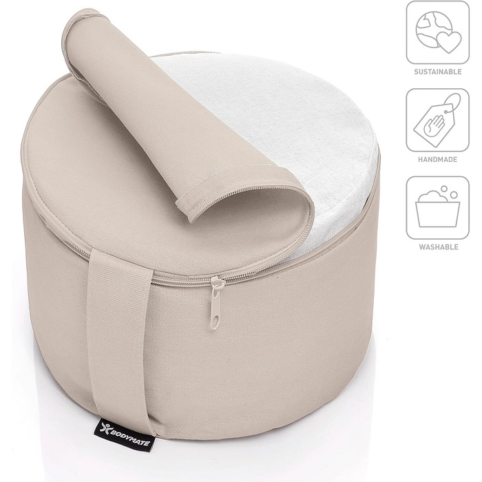 Подушка для йоги та медитації BODYMATE кругла бежева, 31 см, висота 20 см. Наповнювач - лушпина гречки, чохол з бавовни. Сідальний килимок.
