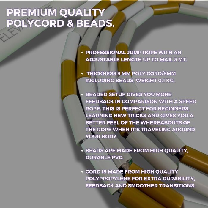 Стрибкове канат Elevate Rope Professionelles Perlen - 3м, регульований, якісні намистини, поліестер - для фрістайлу, кардіо, трюків, для всіх рівнів, внутрішнє/зовнішнє використання, білий/блакитний/золотий