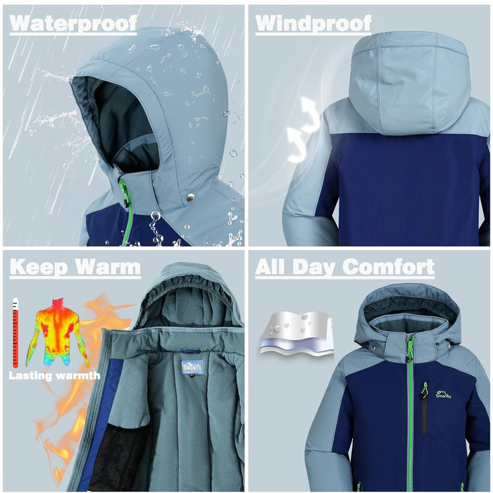 SNOWER Дитячий зимовий комбінезон для хлопчика з капюшоном, гірськолижний костюм, теплий, кольоровий зелений (10-12 років, індиго)
