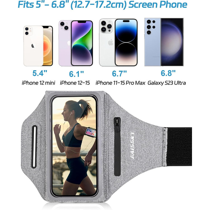 Чохол-тримач для телефону на руку Razobws для бігу з кишенею для навушників, сумісний з iPhone 17 16 15 14 13 12 11 Pro Max, Galaxy S24 S23 Ultra, чорний/сірий (до 6.8 дюймів)