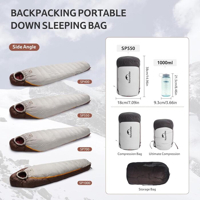 Спальний мішок Naturehike Snowbird з пухом Entenda, 550г, хакі, для кемпінгу та подорожей