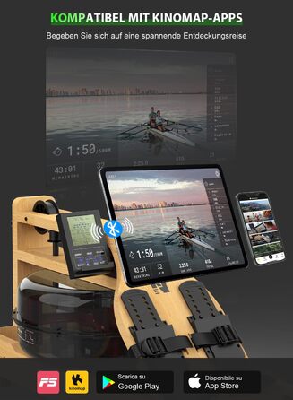 Водний гребний тренажер Neezee для дому, складаний, з масиву дерева, Bluetooth-дисплей, тримач для планшета, навантаження до 200 кг, сумісний з Kinomap