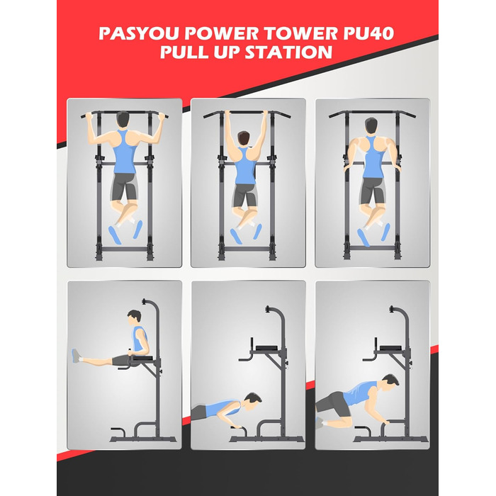 PASYOU Турнік-брус самостійний Power Tower 6-в-1, регульований багатофункціональний тренажер для підтягувань, віджимань, максимальне навантаження 300 кг (модель PU40)