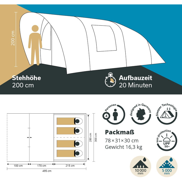 Намет Skandika Hafslo Sleeper Protect для кемпінгу 4/5/6 осіб, водонепроникний, з вшитим дном (5000 мм), тамбур, чорна спальня | Сімейний намет