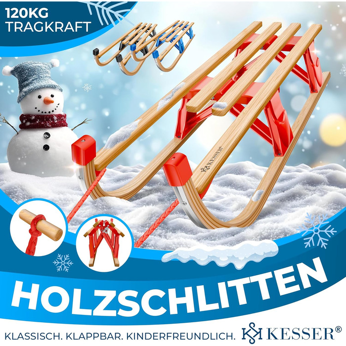 Дерев'яний санчата KESSER® Premium з буку, складні, з тяговим тросом та металевими чіпами, без спинки, червоні