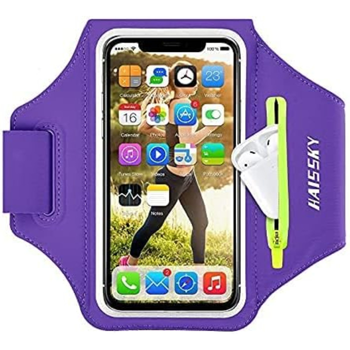 Спортивний браслет на руку для бігу з навушниками та кишенькою для ключів, фіксатором для телефону, з відділенням для карт - сумісний з iPhone 17/16/15/14/13/12/11 Pro Max/Plus, фіолетовий (до 6.9 дюймів)