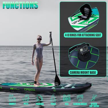 SUP дошка Upwell 350x89 см з сидінням, надувна для дорослих та підлітків, комплект (рюкзак, весло, ліш, помпа, плавники) Chipmech Green