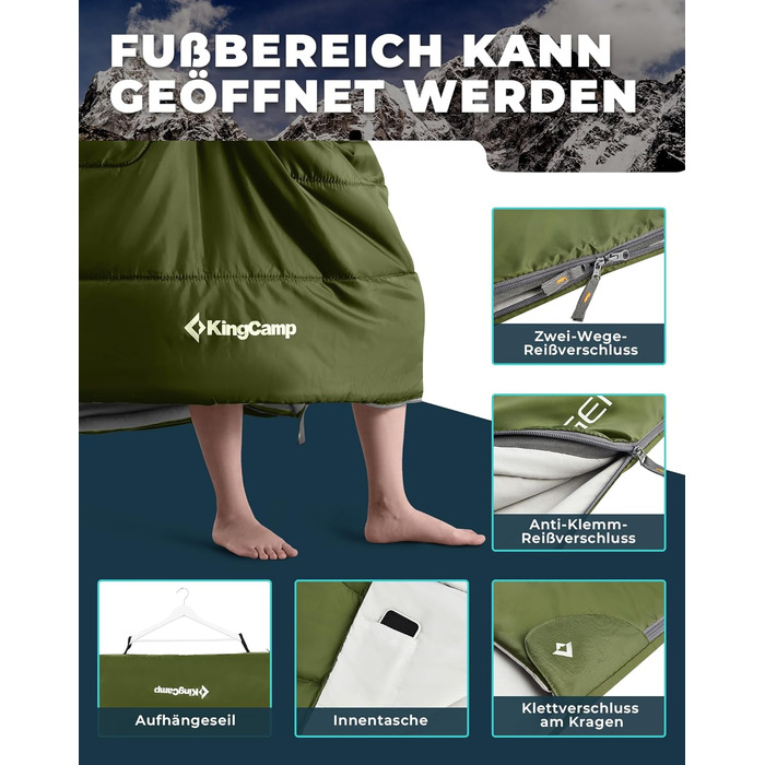Сплячий мішок KingCamp для двох осіб, зимовий, для кемпінгу, оливковий