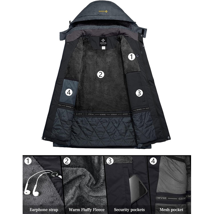 Чоловіча зимова куртка GEMYSE для катання на лижах, тепла, непродувна, водонепроникна, дихаюча, з багатьма кишенями, чорно-сіра, XXL
