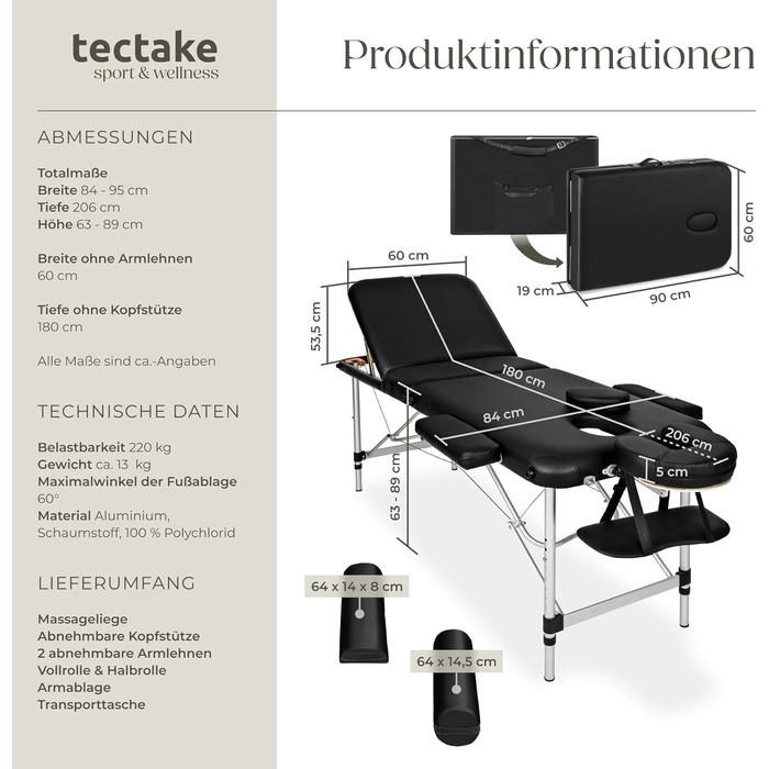 Масажний стіл Tectake® складний, регульований по висоті, з 3 зонами, чорний | для косметичних процедур, масажу, татуювання