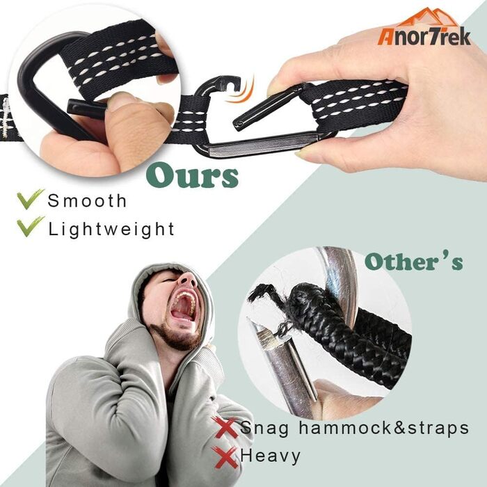 Гамак для кемпінгу AnorTrek з москітною сіткою, подвійний та одинарний, з ременями та карабінами, для відпочинку, туризму та походів, блакитний/темно-синій, 300 x 200 см