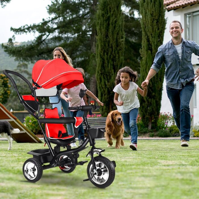 Триколісний велосипед 4 в 1 для дітей від 1 року з батьківською ручкою – дитячий триколіс для 1-4 роки до 25 кг, регульована батьківська ручка, поворотне сидіння, складаний козирок та кошик – компактний та безпечний (Червоний)